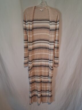 SO Long Ribbed Striped Open Cardigan Duster in Beige, White & Gray